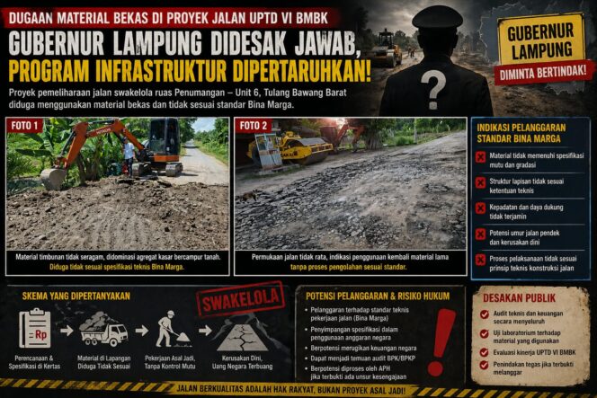 
					Kualitas Jalan Dipertanyakan, UPTD VI Disinyalir Gunakan Material Bekas — Publik Tagih Sikap Gubernur Lampung atas Dugaan Pembiaran Ini