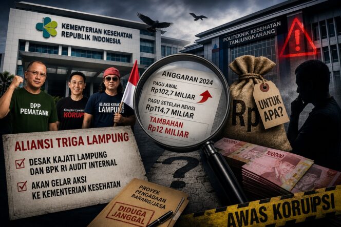 
					Aliansi Triga Lampung Desak Audit dan Ancam Aksi ke Kemenkes, Soroti Revisi Anggaran 13 Kali di Poltekkes Tanjungkarang Rp12 Miliar Dipertanyakan