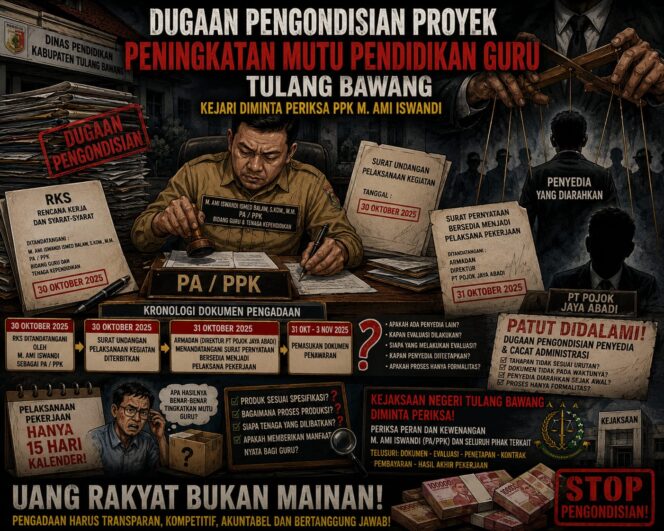 
					Dugaan Pengondisian Proyek Peningkatan Mutu Pendidikan Guru Tulang Bawang, Kejari Diminta Periksa PPK M. Ami Iswandi