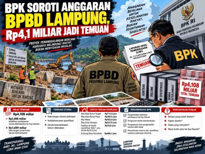 
					BPK Soroti Anggaran BPBD Lampung, Rp4,1 Miliar Jadi Temuan