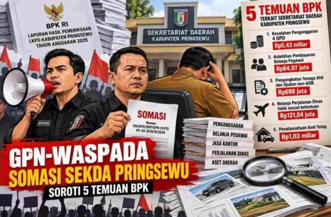 
					OKP GPN Provinsi Lampung dan LSM WASPADA Lampung Soroti Temuan LHP BPK RI atas LKPD Pemkab Pringsewu TA 2025, Layangkan Somasi ke Sekda